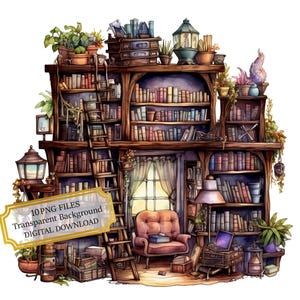 Bookworm&#39;s Nook Clipart Bundle- 10 High Quality Watercolor PNGs- Cozy Library, Journaling, Scrapbooking, Digital Download