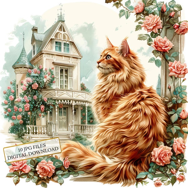 Orange Cat Sitting by a Floral Victorian House Clipart Bundle- 10 High Quality Watercolor JPGs- Journaling, Scrapbooking, Digital Download