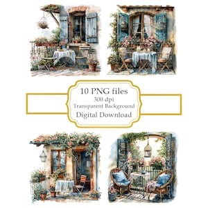 Vecchio e accogliente balcone italiano con tavolo e sedie PNG Clipart Bundle - Download digitale