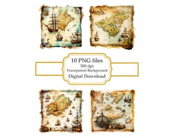 Vintage Treasure Map PNG Clipart Bundle- Digital Download