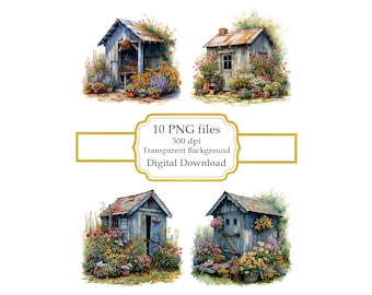 Garden Shack with Flowers PNG Clipart Bundle- Digital Download