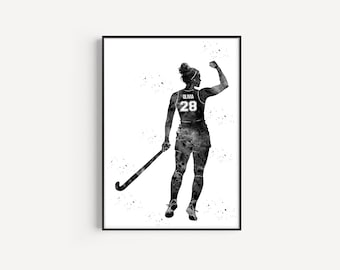 Female Field Hockey Player, Personalized Name and Number, Sport, Watercolor Art Gift, Printable Poster