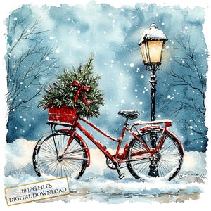 Rode fiets met kleine kerstboom clipartbundel-10 hoge kwaliteit aquarel jpg's-journaling, scrapbook levering, digitale download