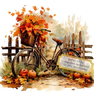 Bicycle in Autumn Street an Fall Leaves PNG Clipart Bundle- Digital Download