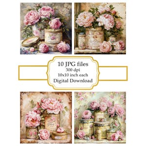 Shabby Chic Vintage Tin Boxes with Pink Roses JPG Clipart Bundle- Digital Download