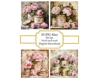 Shabby Chic Vintage Tin Boxes with Pink Roses JPG Clipart Bundle- Digital Download