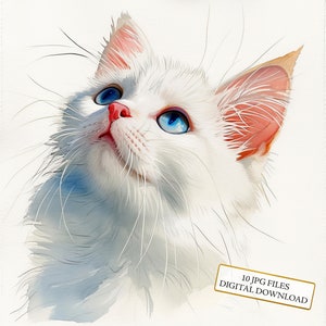 Ensemble de cliparts chat blanc duveteux aux yeux bleus - 10 JPG aquarelles de haute qualité - créations artisanales, journalisation, fourniture de scrapbooking, téléchargement numérique