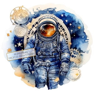 Steampunk Astronaut Clipart Bundle - 10 JPG ad acquerello di alta qualità - Forniture per artigianato, journaling, scrapbooking, download digitale