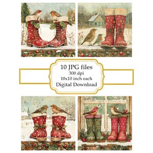 Kerstlaarzen met vogels JPG-clipartbundel: digitale download