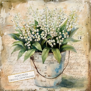 Bundle de cliparts Shabby Chic seau de muguet - 10 JPG aquarelles de haute qualité - journalisation, fournitures de scrapbooking, téléchargement numérique