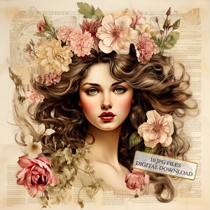 Papier vintage avec une dame et des fleurs Clipart Bundle - 10 JPG aquarelles de haute qualité - découpage, journalisation, album, téléchargement numérique
