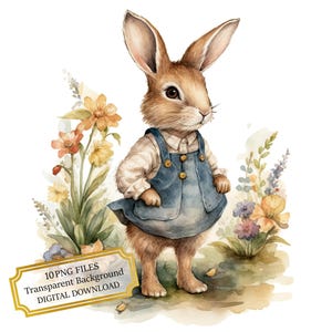 Bunny Child Among Flowers Clipart Bundle- 10 High Quality Watercolor PNGs- Cottage, Meadow, Journaling, Scrapbook Supply, Digital Download