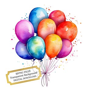 Birthday Party Balloons Clipart Bundle- 10 High Quality Watercolor PNGs- Celebration, Journaling, Scrapbook Supply, Digital Download