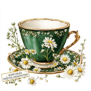 Pacote de clipart de xícara de chá vitoriana verde dourada com margaridas - 10 JPGs de aquarela de alta qualidade - Vintage, diário, scrapbooking, download digital