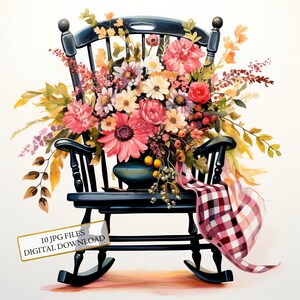 Rocking Chair vintage avec fleurs Clipart Bundle-10 JPG aquarelles de haute qualité-artisanat, journal indésirable, scrapbooking, téléchargement numérique