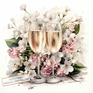 Shabby chique bloemen bruiloft champagne fluiten clipartbundel-10 hoge kwaliteit aquarel jpgs-liefde, journaling, plakboek, digitale download