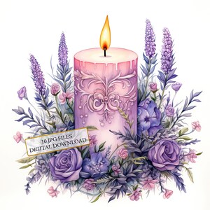 Lavendel Blumen Kerze Clipart Bundle - 10 hochwertige Aquarell JPGs - Basteln, Journaling, Scrapbook Versorgung, digitaler Download