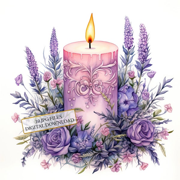 Lavender Floral Candle Clipart Bundle- 10 High Quality Watercolor JPGs- Crafting, Journaling, Scrapbook Supply, Digital Download