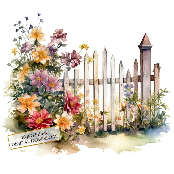 White Wooden Garden Fence Clipart Bundle- 10 High Quality Watercolor JPGs- Crafting, Junk Journaling, Scrapbook, Digital Download