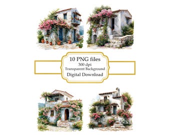 Old Greek House Overgrown with Flowers PNG Clipart Bundle- Digital Download