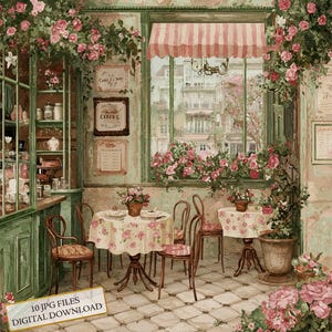 Tavolo in un vintage europeo caffè Clipart Bundle- 10 acquerelli JPG di alta qualità- Artigianato, journaling, forniture per album, download digitale