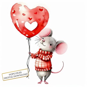 Pacote de clipart de rato segurando balão em forma de coração para o dia dos namorados - 10 JPGs de aquarela de alta qualidade - Diário, álbum de recortes, download digital