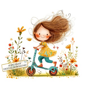 Petite fille sur un scooter Clipart Bundle - 10 JPG aquarelles de haute qualité - Art pour chambre d'enfant, tenue de journal, fourniture de scrapbooking, téléchargement numérique