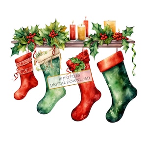 Christmas Stockings Clipart Bundle- 10 High Quality Watercolor JPGs- Winter Holidays, Journaling, Scrapbook Supply Digital Download