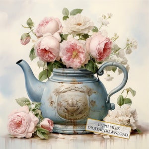 Shabby Chic Tea Kettle Clipart Bundle - 10 JPG ad acquerello di alta qualità - Arte da cucina, artigianato, journaling, scrapbooking, download digitale