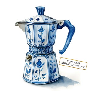 Paquete de imágenes prediseñadas de cafetera moka vintage de cerámica azul y blanca: 10 archivos JPG de acuarela de alta calidad. Manualidades de cocina, diario, álbum de recortes y descarga digital.