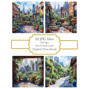 Gemütlicher Stadtgarten unter Wolkenkratzern JPG Clipart Bundle-Digital Download