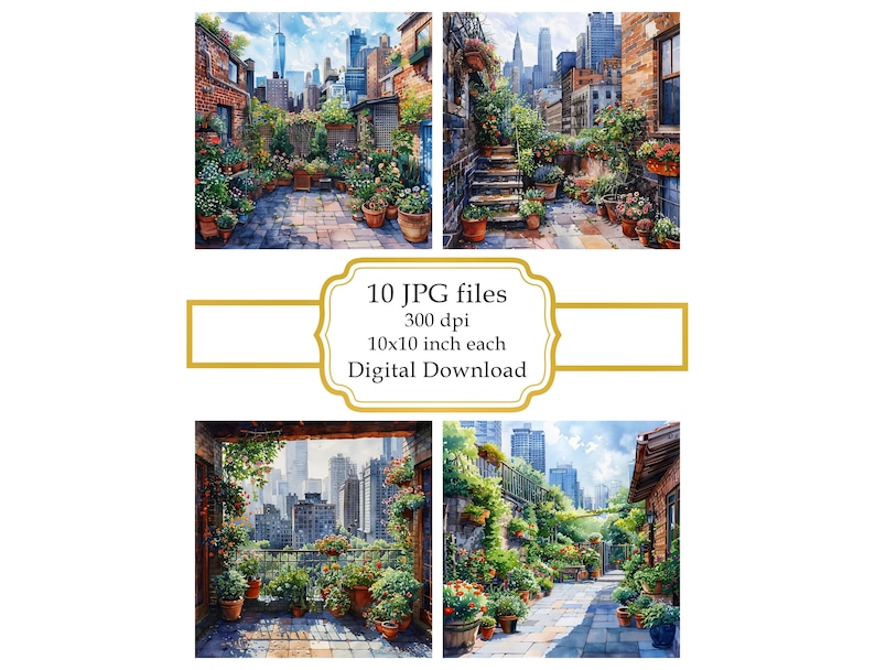 Cozy Urban Garden Among Skyscrapers JPG Clipart Bundle- Digital Download image 1