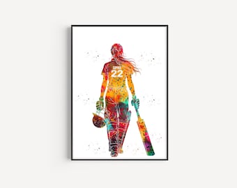 Female Cricket Player, Personalized Name and Number, Sport, Watercolor Art Gift, Printable Poster