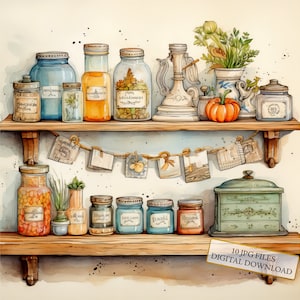 Pacote de clipart de prateleiras de cozinha vintage cheias de potes - 10 JPGs de aquarela de alta qualidade - Arte culinária, diário, álbum de recortes, download digital