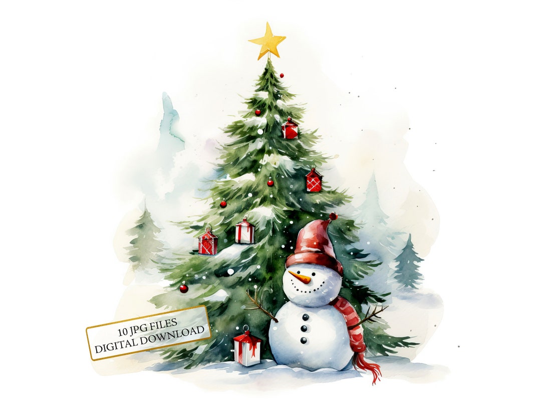 Christmas Tree With Snowman Clipart Bundle 10 High Quality Watercolor ...