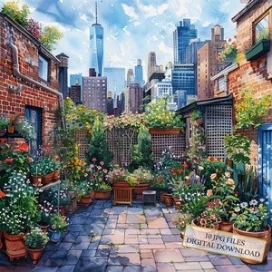 Bundle de cliparts cosy jardin urbain parmi gratte-ciels - 10 fichiers JPG aquarelles de haute qualité - créations, journalisation indésirable, scrapbooking, téléchargement numérique