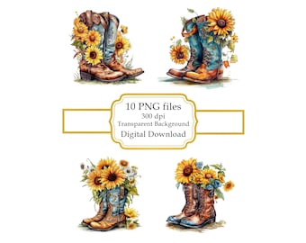 Cowboy Boots with Sunflowers PNG Clipart Bundle- Digital Download