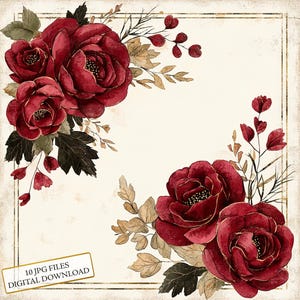 Ensemble de cliparts roses rouges rétro - 10 fichiers JPG aquarelles de haute qualité - découpage, créations artisanales, journal indésirable, scrapbooking, téléchargement numérique
