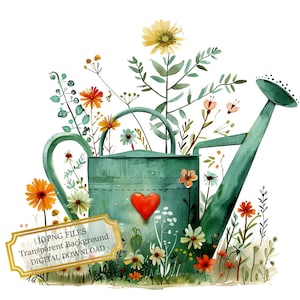 Charmant arrosoir vert avec fleurs sauvages Clipart Bundle - 10 PNG aquarelles de haute qualité - journalisation, fournitures de scrapbooking, téléchargement numérique