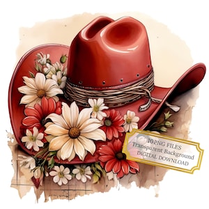 Bundle de cliparts floral rouge chapeau de cowboy - 10 PNG aquarelles de haute qualité - art occidental, journalisation, album, téléchargement numérique