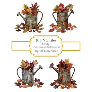 Autumn Leaves in Rusty Watering Can PNG Clipart Bundle- Digital Download