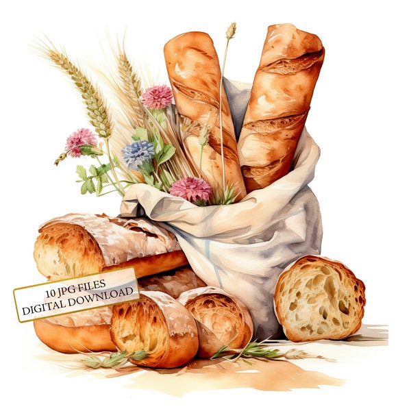 Rustic Baguettes and Bread in a Bag Clipart Bundle- 10 High Quality Watercolor JPGs- Craft, Junk Journaling, Scrapbook, Digital Download