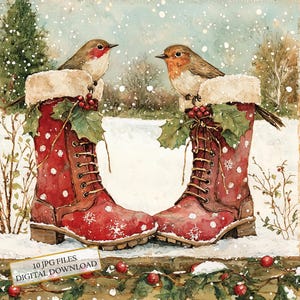 Pacote de clipart de botas de Natal com pássaros - 10 JPGs de aquarela de alta qualidade - Férias de inverno, diário, suprimentos para scrapbook, download digital