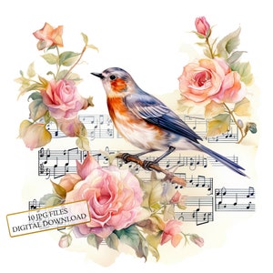 Bird on Flowering Branch with Music Sheet Clipart Bundle- 10 High Quality Watercolor JPGs- Music Art, Scrapbook Supply, Digital Download