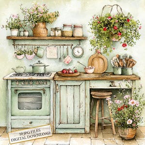 Rustic Green Cottage Kitchen JPG Clipart Bundle- Digital Download