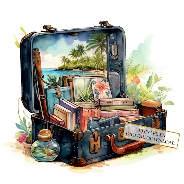 Vintage Suitcase with Souvenirs Clipart Bundle-10 High Quality Watercolor JPGs- Summer Vacation Art, Journaling, Scrapbook, Digital Download
