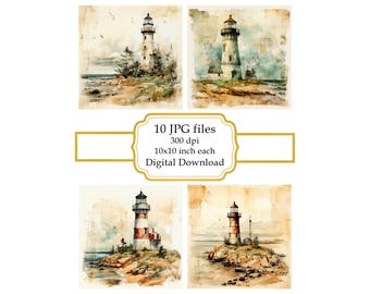 Aged Coastal Lighthouse Paper JPG Clipart Bundle- Digital Download