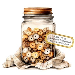 Vintage Jar of Sewing Buttons PNG Clipart Bundle- Digital Download