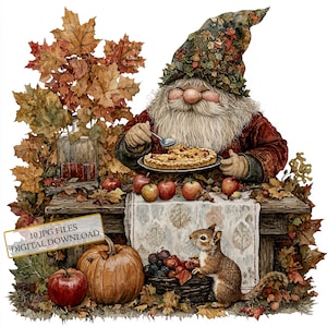 Pacote de clipart de gnomo de jardim comendo torta com um esquilo - 10 JPGs de aquarela de alta qualidade - Outono, diário, álbum de recortes, download digital