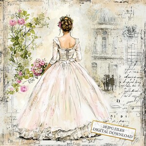 Paquete de imágenes prediseñadas de novia con ramo vintage: 10 archivos JPG de acuarela de alta calidad para bodas, diarios, álbumes de recortes y descargas digitales.